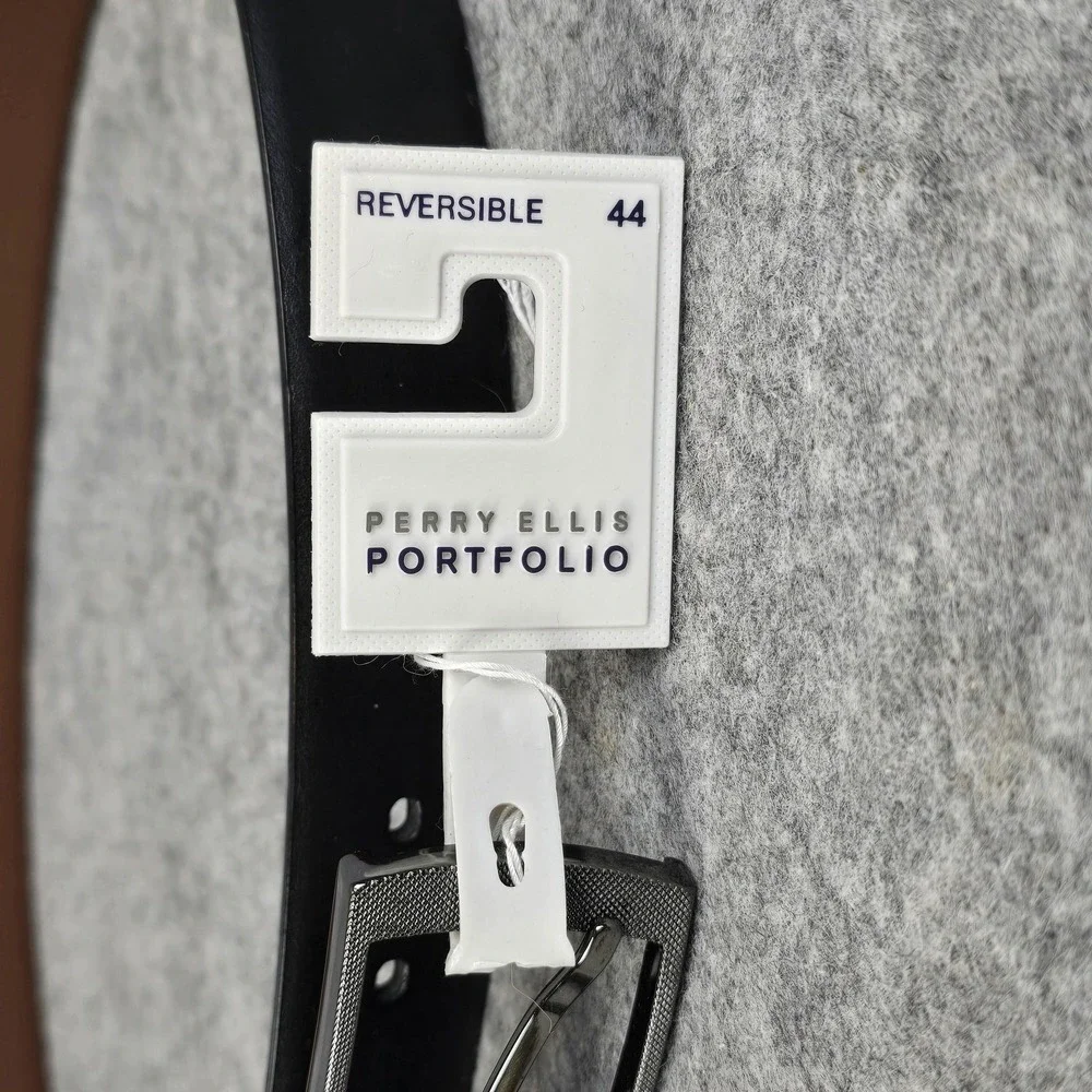 Perry‎ Ellis Belt Mens 44 Black Brown Reversible Faux Leather Dress Buckle